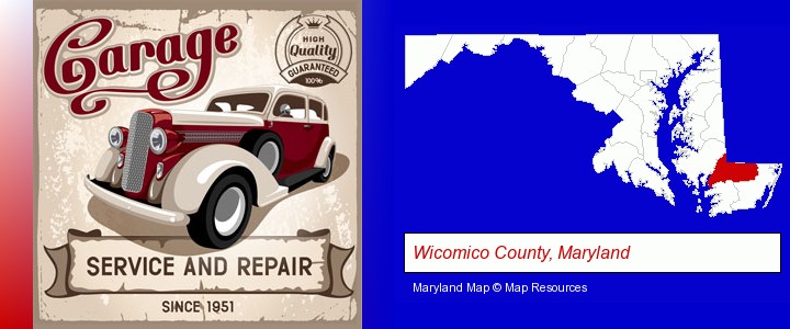 an auto service and repairs garage sign; Wicomico County, Maryland highlighted in red on a map