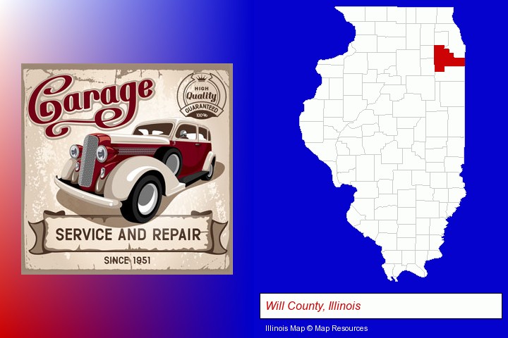 an auto service and repairs garage sign; Will County, Illinois highlighted in red on a map
