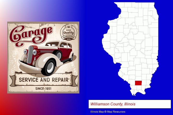 an auto service and repairs garage sign; Williamson County, Illinois highlighted in red on a map