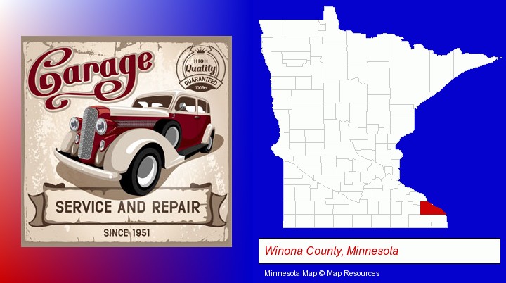 an auto service and repairs garage sign; Winona County, Minnesota highlighted in red on a map