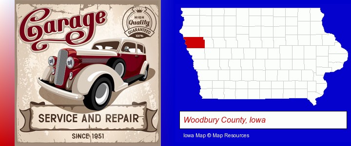 an auto service and repairs garage sign; Woodbury County, Iowa highlighted in red on a map