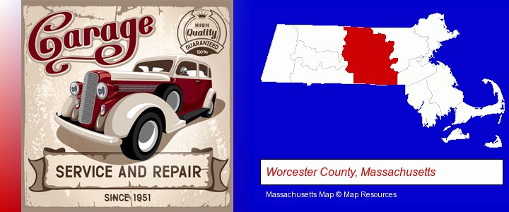 an auto service and repairs garage sign; Worcester County, Massachusetts highlighted in red on a map