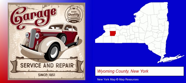 an auto service and repairs garage sign; Wyoming County, New York highlighted in red on a map