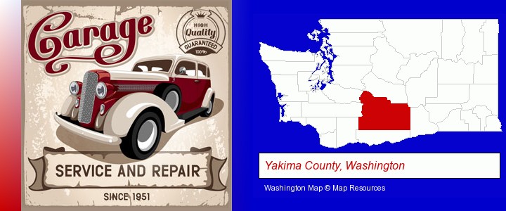 an auto service and repairs garage sign; Yakima County, Washington highlighted in red on a map