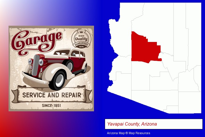 an auto service and repairs garage sign; Yavapai County, Arizona highlighted in red on a map