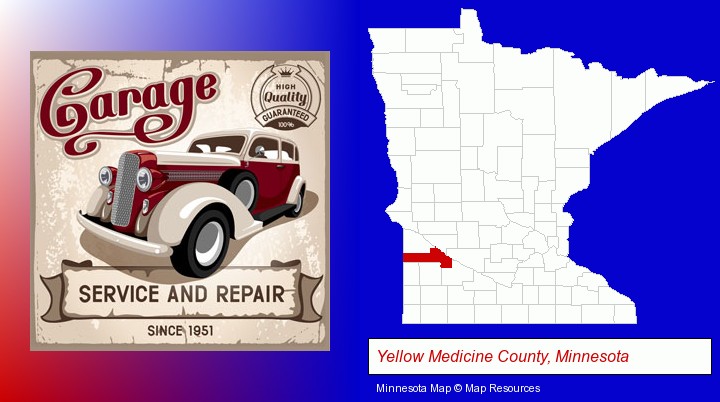 an auto service and repairs garage sign; Yellow Medicine County, Minnesota highlighted in red on a map