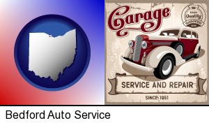 an auto service and repairs garage sign in Bedford, OH