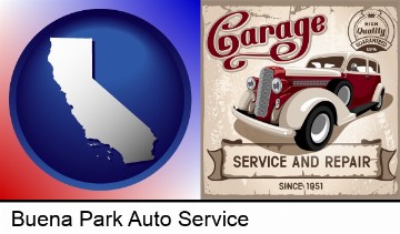 an auto service and repairs garage sign in Buena Park, CA