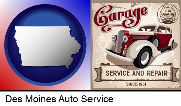 an auto service and repairs garage sign in Des Moines, IA