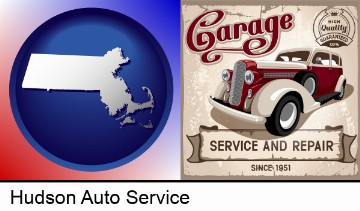 an auto service and repairs garage sign in Hudson, MA