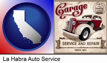 an auto service and repairs garage sign in La Habra, CA