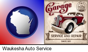 Waukesha, Wisconsin - an auto service and repairs garage sign