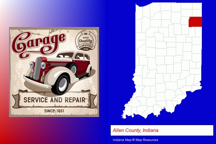 an auto service and repairs garage sign; Allen County, Indiana highlighted in red on a map