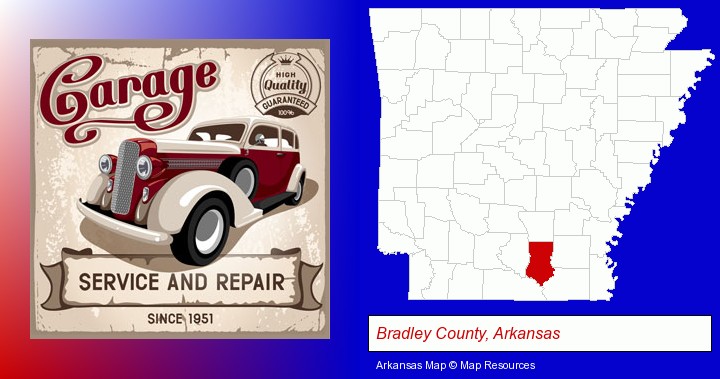 an auto service and repairs garage sign; Bradley County, Arkansas highlighted in red on a map