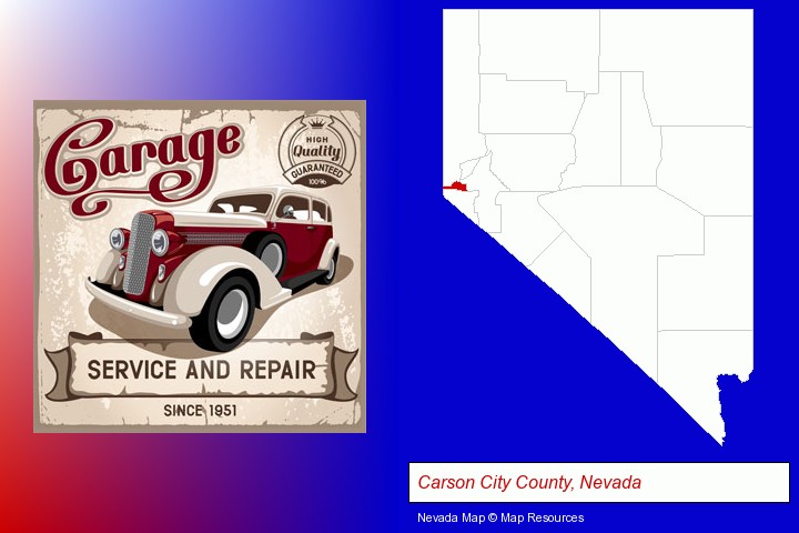 an auto service and repairs garage sign; Carson City County, Nevada highlighted in red on a map