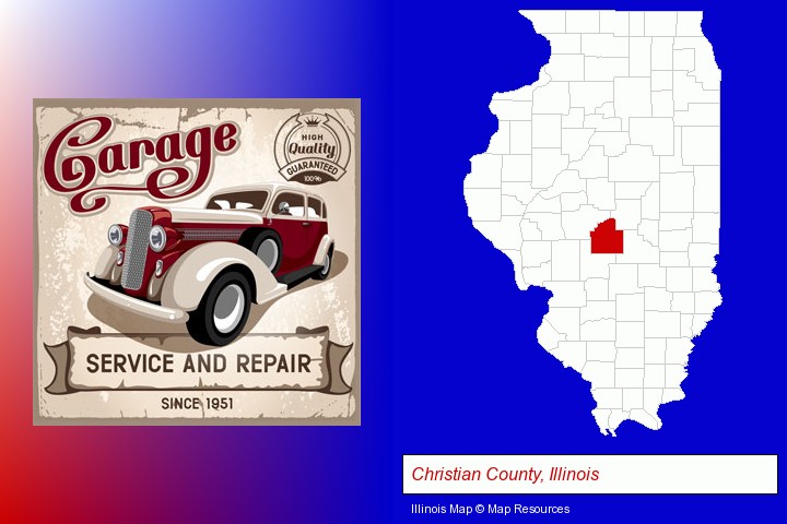 an auto service and repairs garage sign; Christian County, Illinois highlighted in red on a map