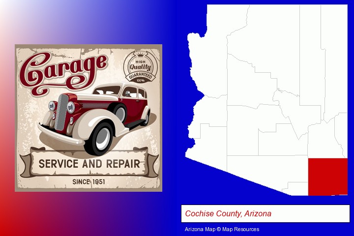 an auto service and repairs garage sign; Cochise County, Arizona highlighted in red on a map