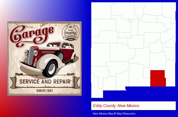 an auto service and repairs garage sign; Eddy County, New Mexico highlighted in red on a map