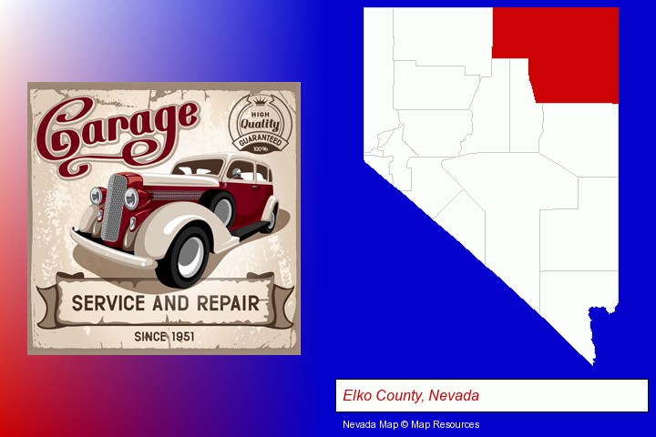 an auto service and repairs garage sign; Elko County, Nevada highlighted in red on a map