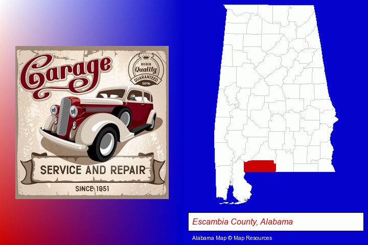 an auto service and repairs garage sign; Escambia County, Alabama highlighted in red on a map