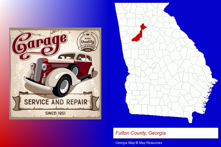 an auto service and repairs garage sign; Fulton County, Georgia highlighted in red on a map