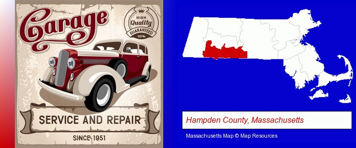 an auto service and repairs garage sign; Hampden County, Massachusetts highlighted in red on a map