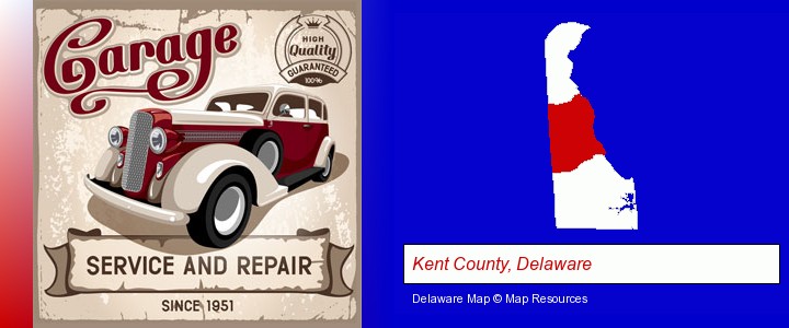 an auto service and repairs garage sign; Kent County, Delaware highlighted in red on a map