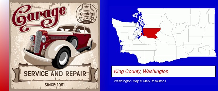 an auto service and repairs garage sign; King County, Washington highlighted in red on a map