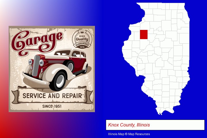 an auto service and repairs garage sign; Knox County, Illinois highlighted in red on a map