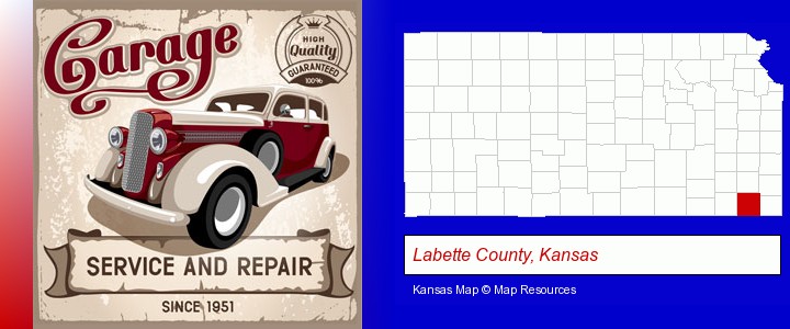 an auto service and repairs garage sign; Labette County, Kansas highlighted in red on a map