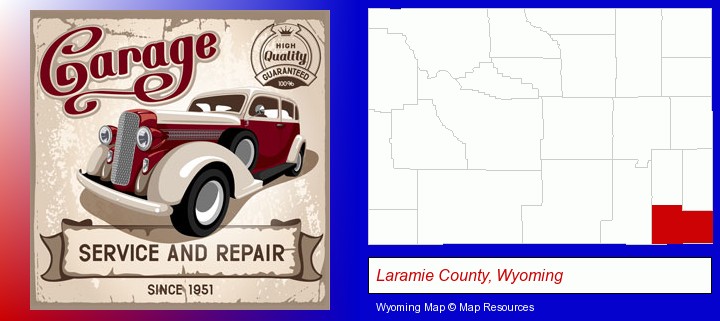 an auto service and repairs garage sign; Laramie County, Wyoming highlighted in red on a map