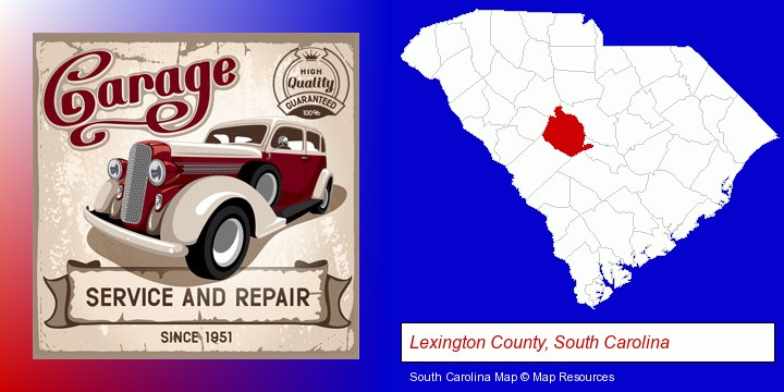 an auto service and repairs garage sign; Lexington County, South Carolina highlighted in red on a map