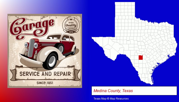 an auto service and repairs garage sign; Medina County, Texas highlighted in red on a map