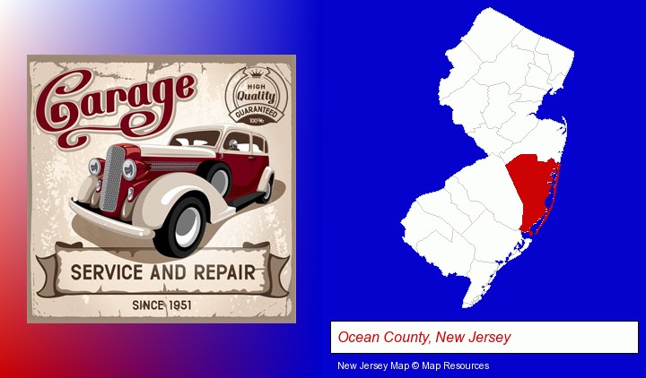 an auto service and repairs garage sign; Ocean County, New Jersey highlighted in red on a map