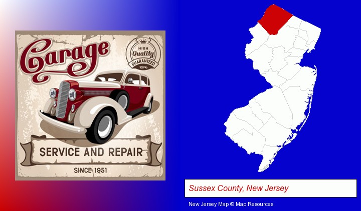 an auto service and repairs garage sign; Sussex County, New Jersey highlighted in red on a map