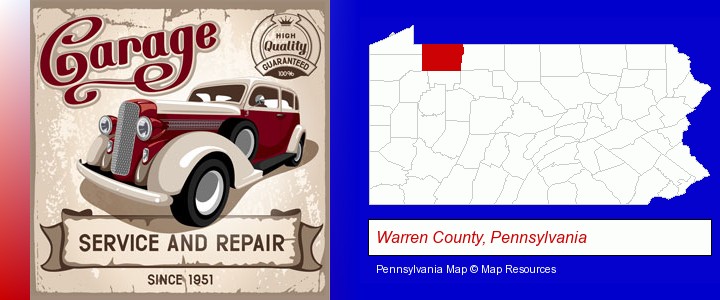 an auto service and repairs garage sign; Warren County, Pennsylvania highlighted in red on a map