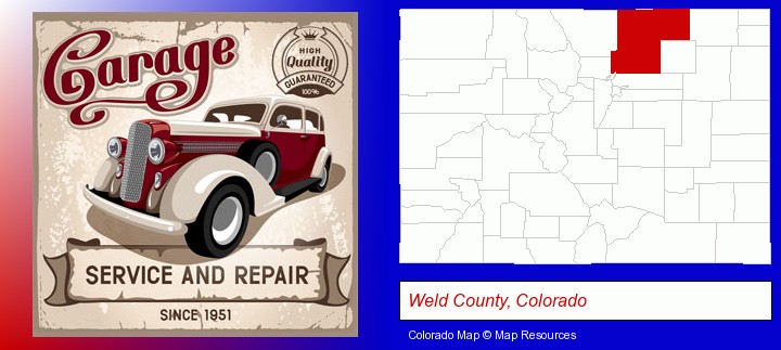 an auto service and repairs garage sign; Weld County, Colorado highlighted in red on a map