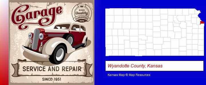 an auto service and repairs garage sign; Wyandotte County, Kansas highlighted in red on a map