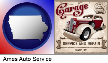 an auto service and repairs garage sign in Ames, IA