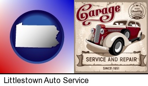 an auto service and repairs garage sign in Littlestown, PA
